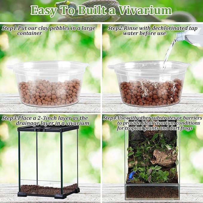 Riare 2LBS Expanded Clay Balls Terrarium Substrate for Reptiles - 100% Organic Lightweight Clay Pebbles Substrate Frogs False Bottom Substrate, Bioactive Terrarium Substrate for Drainage and Moisture