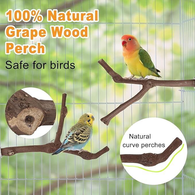 7PCS Bird Perches, Natural Wood Parrot Perch Stand, Bird Perch Chewing Stick Cage Accessories Hanging Multi-Branch Perch Platform Swing Toy for Parakeets, Cockatiels, Small Medium Birds