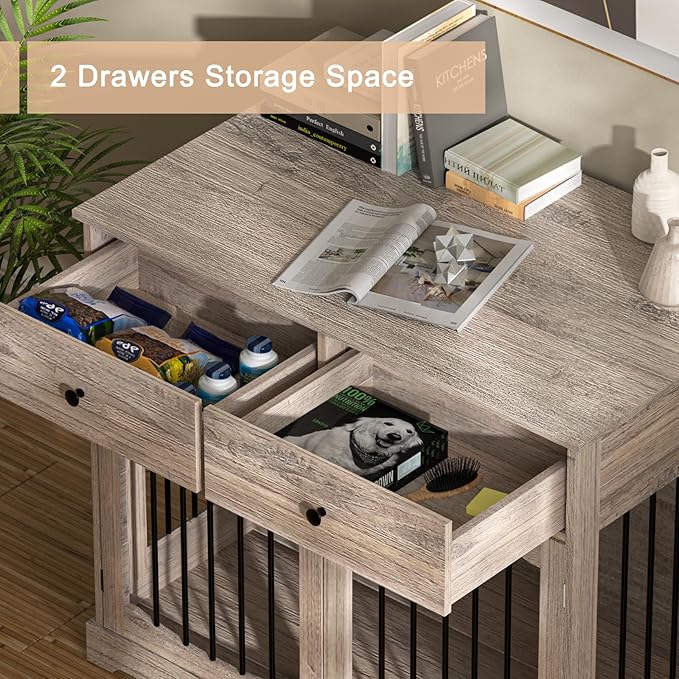 BREEZEHEAT 40 inch Dog Crate Furniture-Farmhouse Dog Kennel with Drawers-End Table Wooden Pet Crate, Double Door Design, Decorative Dog House Indoor for Small Medium Large Dog, Oak Grey