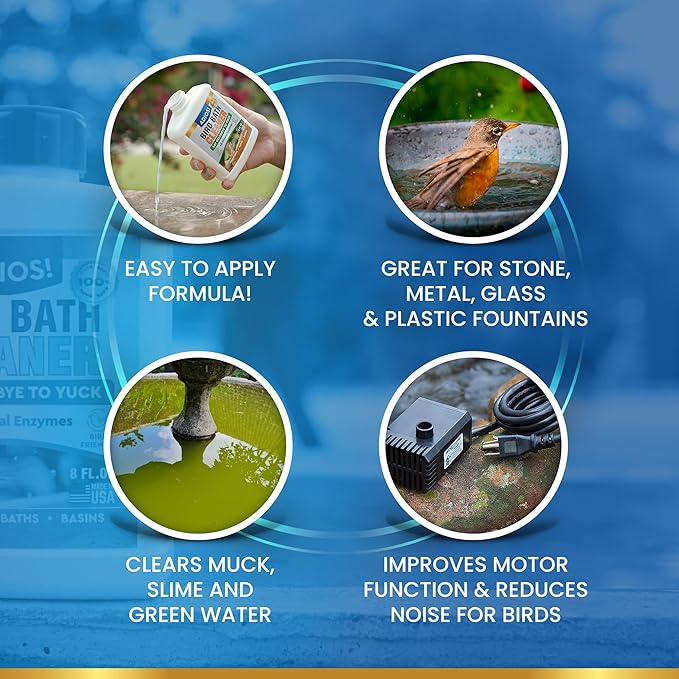 Bird Bath Cleaner for Outdoor Fountains and Bowls, Safely Cleans Metal, Glass and Stone (16oz)
