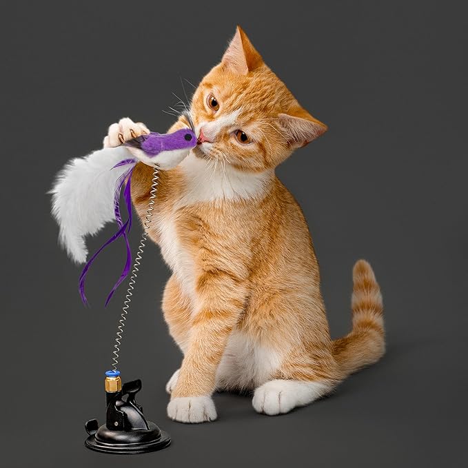 Playology Cat Toy Suction Cup Spring Bird Set | Interactive Toy with Lifelike Feather Birds & 2 Spring Replacements| Secure Suction Cup with Unpredictable Movement | Perfect for Active Indoor Cats