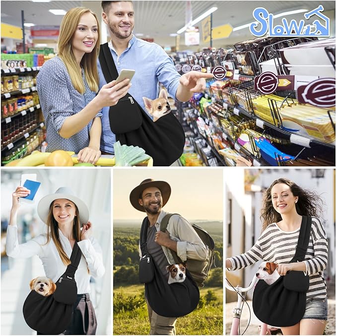 Lukovee Pet Sling, Hand Free Dog Sling Carrier Adjustable Padded Strap Tote Bag, Shoulder Bag with Front Pocket Safety Belt Carrying Small Dog Cat Puppy Machine Washable (Black-WY,S)