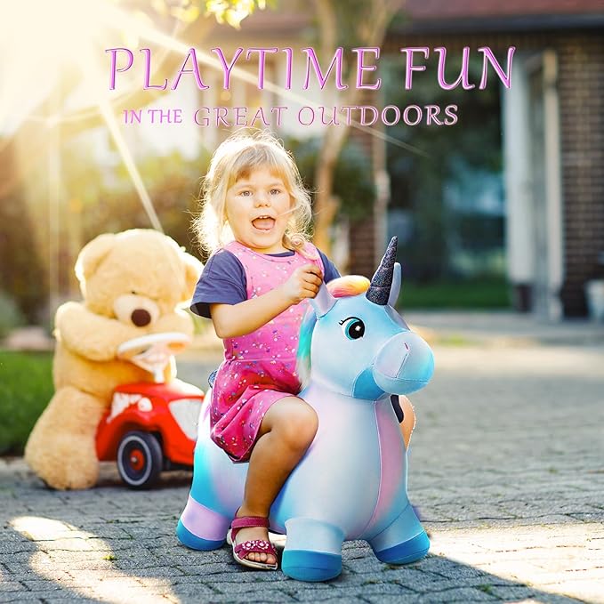 EVERICH TOY Unicorn Bouncy Horses Inflatable Plush Hopping Toy Bouncing Hopper Animals for Toddlers,Outdoor&Indoor Bouncy Animals for Toddlers,Gift for 18 Months 2 3 4 Year Old (W/Pump)