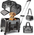 Pet Carrier with Wheels | Delta American Frontier Airline Approved | Two Expandable Sides, Storage Pockets Adjustable Leash | Rolling Dog and Cat Carrier TSA Compliant (Light Grey 17x12.5x11)