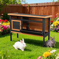 Rabbit Cage Elevated Bunny Hutch Indoor Outdoor,Wooden Chicken Coop Rabbit Hideout with Pull Out Tray,Feeding Trough,Metal Wire Pan and Openable Water-Resistant Asphalt Roof for Small Animals(Brown)