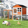 48" L Rabbit Hutch Outdoor Indoor, Expandable 2-Story Large Wooden Bunny Cage with Run, Removale Tray, Top-Opening Waterproof Roof, 2 Doors, DIY Drawing Board, Orange + Colorful Pattern