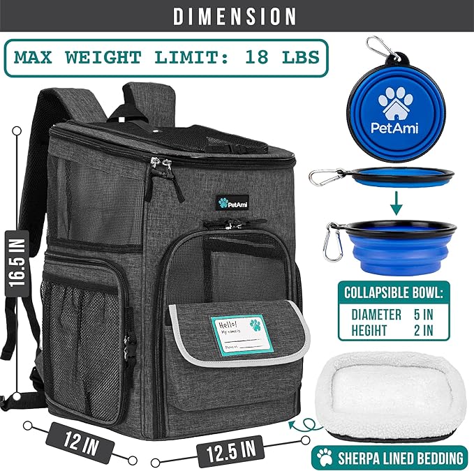 PetAmi Dog Backpack Carrier, Airline Approved Cat Backpacks for Carrying Small Large Cats, Pet Carrier Back Pack, Ventilated Soft Sided for Travel, Hiking, Camping, Max 18 lbs, Charcoal