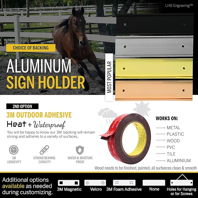 Horse Stall Name Plate, 2x10 Personalized Stall Signs, UV Protected, All Weather Adhesive, Hanging, Mounting or Other, Yellow Plastic Black Letters - Made in USA - B4