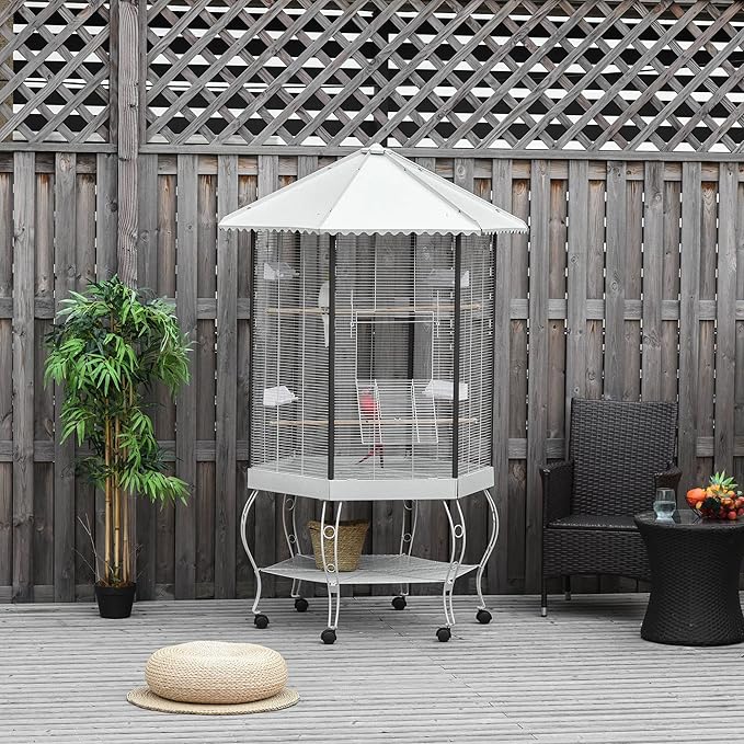 PawHut 44" Hexagon Covered Canopy Portable Aviary Flight Bird Cage With Storage